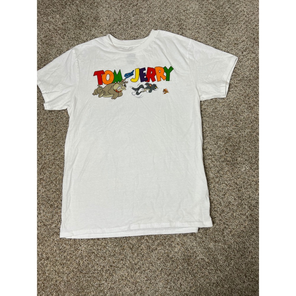 Tom and Jerry Graphic T-Shirt Mens Large White Spike Bulldog Cartoon Tee